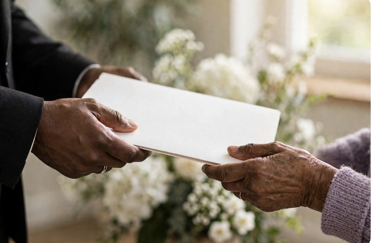 A funeral director gently handing a keepsake to a family member