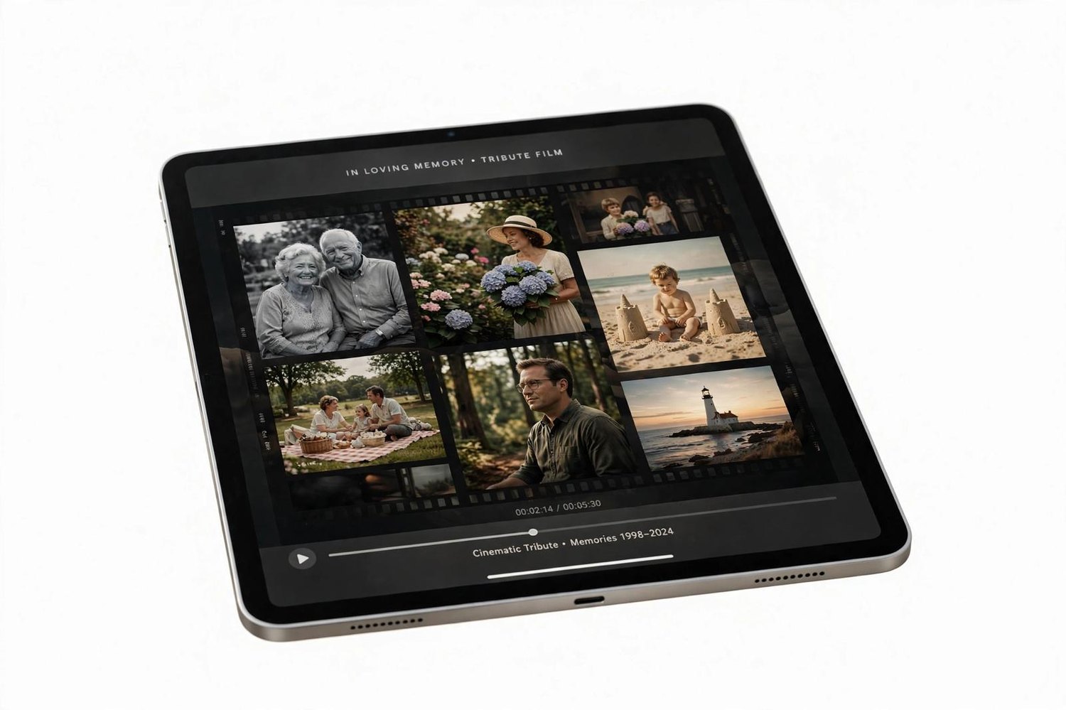 A cinematic tribute film playing on a tablet